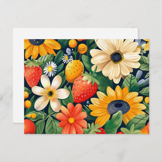 Zomer Tuin Bloemen Aardbei Patroon Briefkaart (Voorkant / Achterkant)