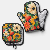 Zomer Tuin Bloemen Aardbei Patroon Ovenwant & Pannenlap Set (Voorkant / Achterkant)