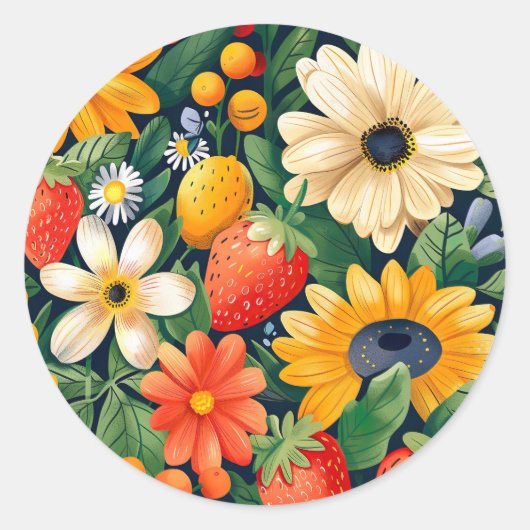 Zomer Tuin Bloemen Aardbei Patroon Ronde Sticker (Voorkant)