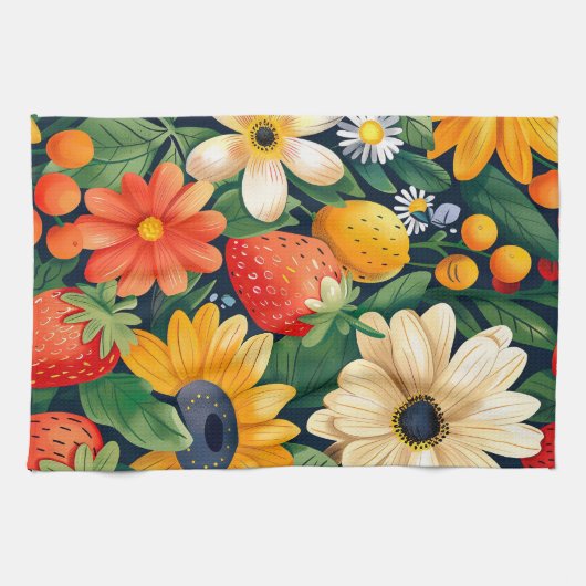 Zomer Tuin Bloemen Aardbei Patroon Theedoek (Horizontaal)