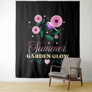 Zomer Tuin Gloed Vogel Bloemige Botanische Cottage Wandkleed