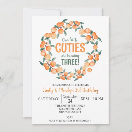 Zomer Twin Meisjes Verjaardag, Sinaasappels 3e Ver Kaart (Voorkant)