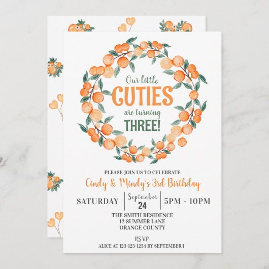 Zomer Twin Meisjes Verjaardag, Sinaasappels 3e Ver Kaart (Voorkant / Achterkant)
