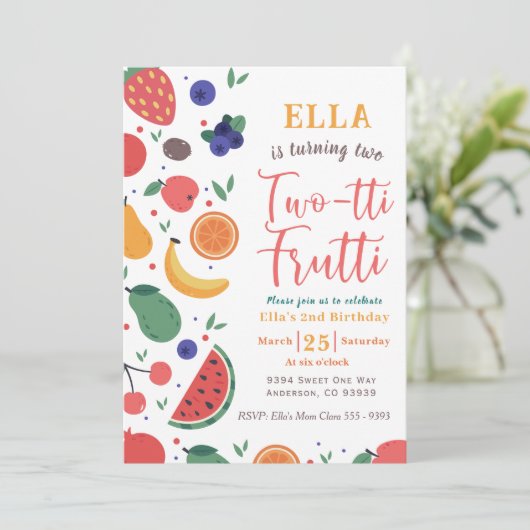 Zomer Two-tti Fruitti 2e verjaardag uitnodiging (Staand voorkant)