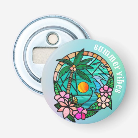 Zomer Vakantie Oceaanstrand bij Zonsondergang Button Flesopener (Voorkant)