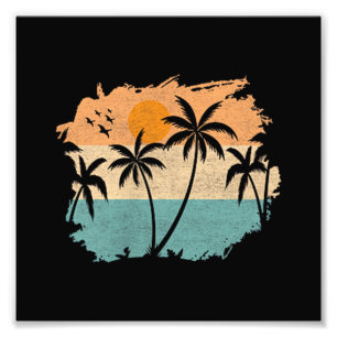 Zomer Vakantie Retro Zonsondergang Strand Palmen B Foto Afdruk