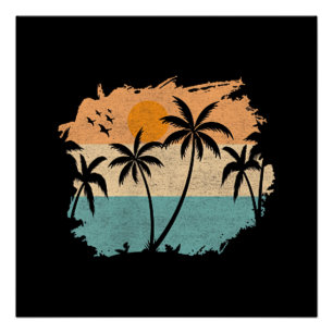 Zomer Vakantie Retro Zonsondergang Strand Palmen B Perfect Poster