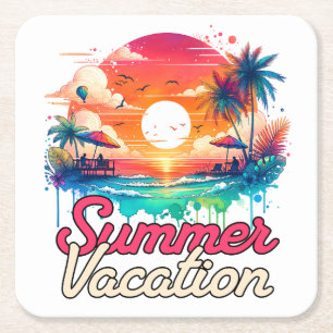Zomer Vakantie Tropische Zonsondergang Strand Retr Kartonnen Onderzetters