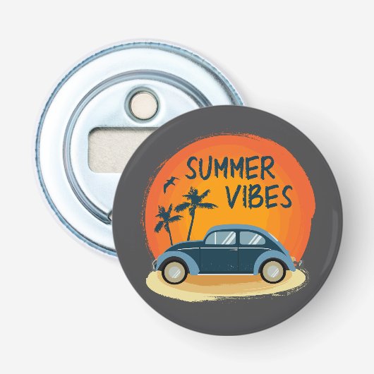Zomer vibe met retro auto op het strand button flesopener (Voorkant)