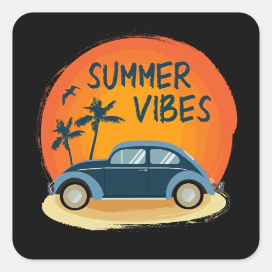 Zomer vibe met retro auto op het strand vierkante sticker (Voorkant)