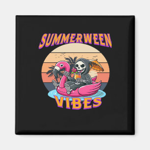 Zomer Vibes Grim Reaper Flamingo Float Retro Magneet