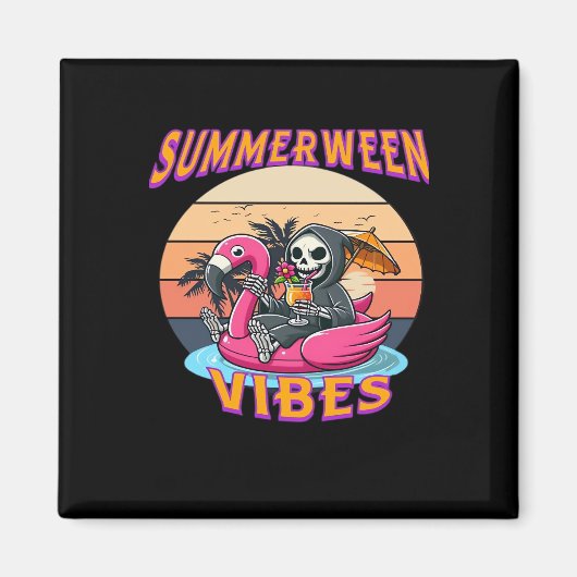 Zomer Vibes Grim Reaper Flamingo Float Retro Magneet (Voorkant)