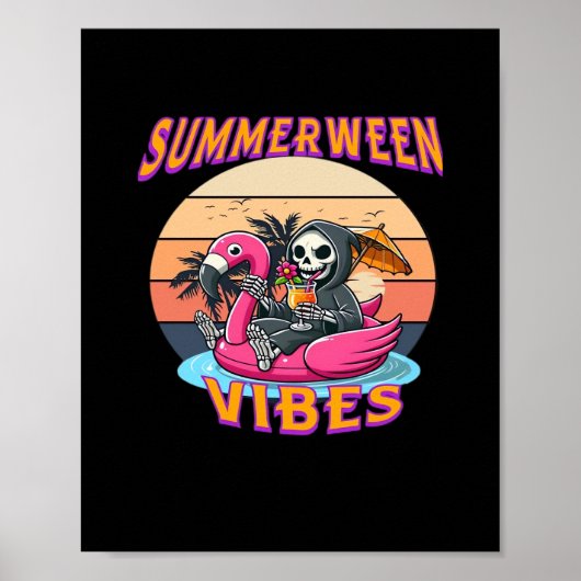 Zomer Vibes Grim Reaper Flamingo Float Retro Poster (Voorkant)