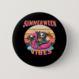 Zomer Vibes Grim Reaper Flamingo Float Retro Ronde Button 5,7 Cm