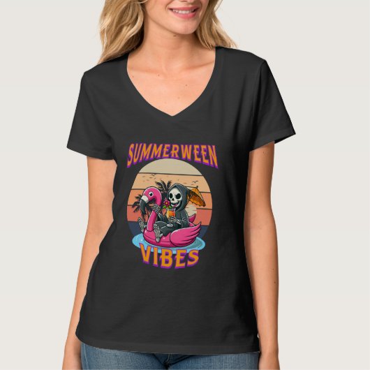 Zomer Vibes Grim Reaper Flamingo Float Retro T-shirt (Voorkant)