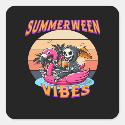 Zomer Vibes Grim Reaper Flamingo Float Retro Vierkante Sticker (Voorkant)