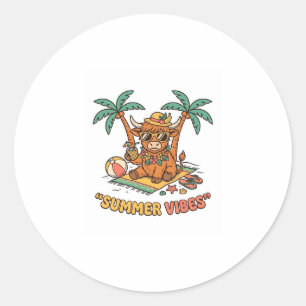Zomer Vibes Schattige Hoogland Koe Strand Vakantie Ronde Sticker