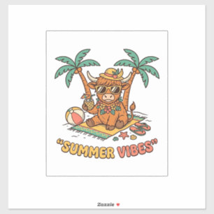 Zomer Vibes Schattige Hoogland Koe Strand Vakantie Sticker