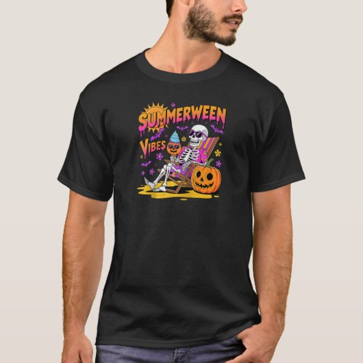 Zomer Vibes Skeleton Pumpkin Spooky Vacation T-shirt (Voorkant)