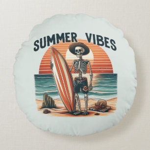 Zomer Vibes Skeleton Surfer Sunset Beach Design Rond Kussen