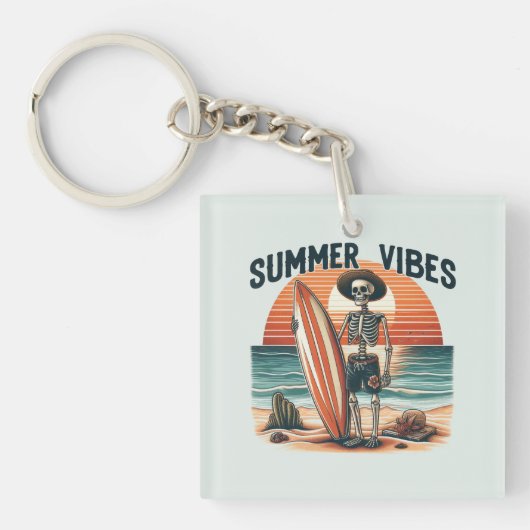 Zomer Vibes Skeleton Surfer Sunset Beach Design Sleutelhanger (Voorkant)