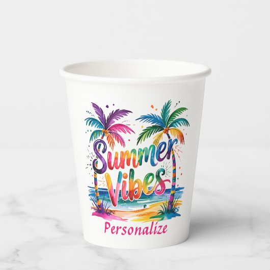 Zomer Vibes Tropische Palm Tree Oceaan Kleurrijk Papieren Bekers (Achterkant)