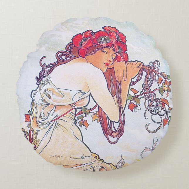 Zomer (vier seizoenen), Sierkussen Alphonse Mucha Rond Kussen (Voorkant)