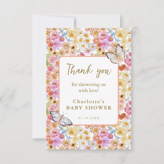 Zomer Vlinder Bloemen Bloom Baby shower Flat Bedankkaart (Voorkant)
