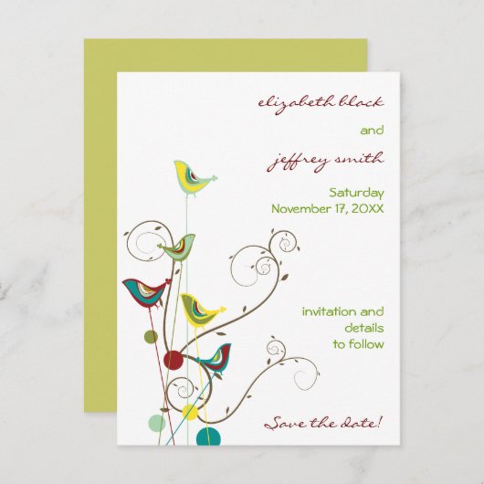 Zomer Vogels En Krullen Save The Date Ansichtkaart Aankondigingskaart (Voorkant / Achterkant)