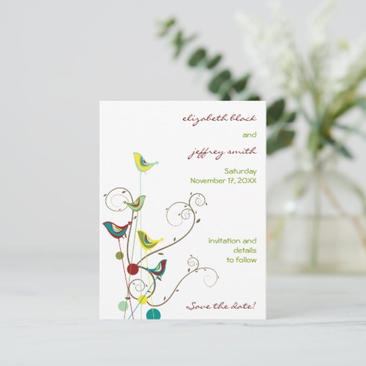 Zomer Vogels En Krullen Save The Date Ansichtkaart Aankondigingskaart (Staand voorkant)