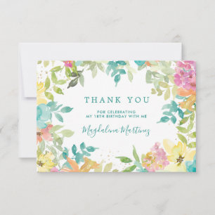 Zomer Watercolor Bloemen 18e Verjaardag Bedankkaart