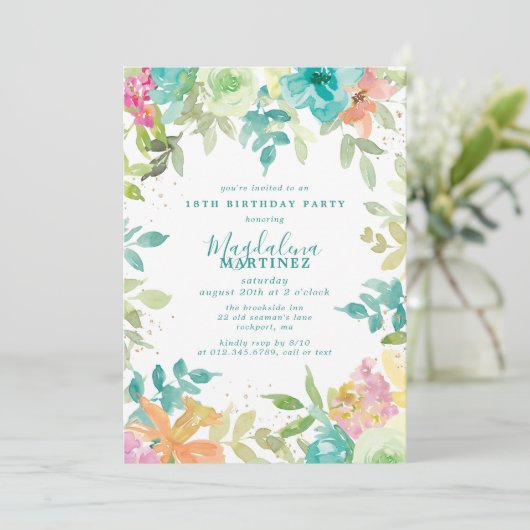 Zomer Waterverf Bloemen 18e Verjaardagsfeest Kaart (Staand voorkant)