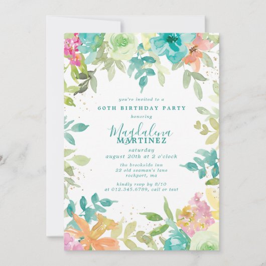 Zomer Waterverf Bloemen 60e Verjaardagsfeest Kaart (Voorkant)