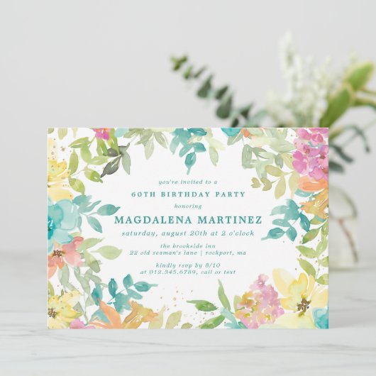Zomer Waterverf Bloemen 60e Verjaardagsfeest Kaart (Staand voorkant)