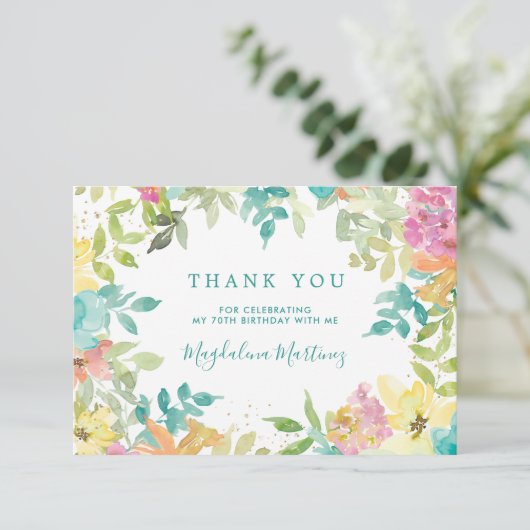 Zomer Waterverf Bloemen 70e Verjaardag Bedankkaart (Staand voorkant)