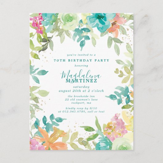 Zomer Waterverf Bloemen 70e Verjaardagsuitnodiging Briefkaart (Voorkant)
