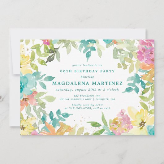 Zomer Waterverf Bloemen 80ste Verjaardagsfeest Kaart (Voorkant)