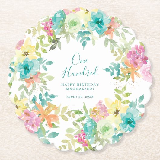 Zomer Waterverf Bloemen Aangepaste 100e Verjaardag Kartonnen Onderzetters (Voorkant)