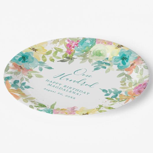 Zomer Waterverf Bloemen Aangepaste 100e Verjaardag Papieren Bordje (Gekanteld)