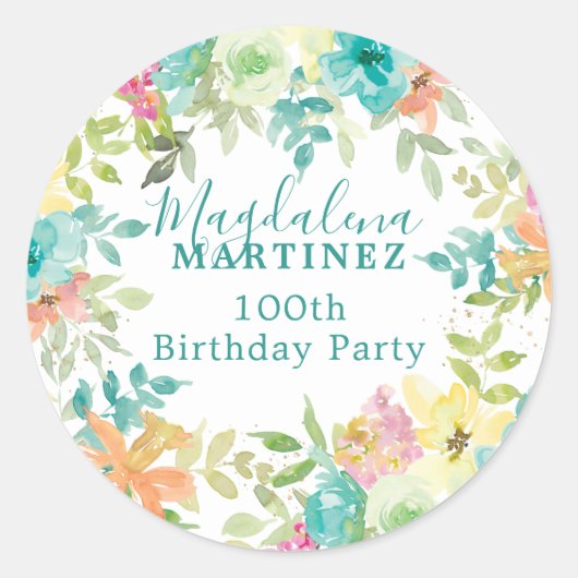 Zomer Waterverf Bloemen Aangepaste 100e Verjaardag Ronde Sticker (Voorkant)