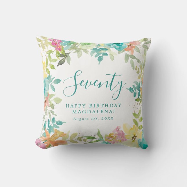 Zomer Waterverf Bloemen Aangepaste 70e Verjaardag Kussen (Voorkant)