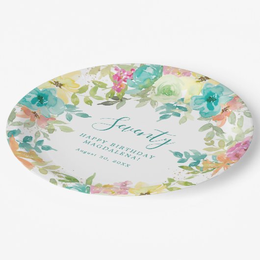 Zomer Waterverf Bloemen Aangepaste 70e Verjaardag Papieren Bordje (Gekanteld)
