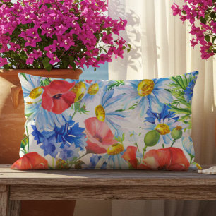 Zomer Waterverf Bloemendecor Blauw Rood Geel Buite Buitenkussen