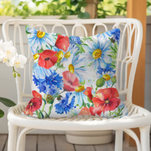 Zomer Waterverf Bloemendecor Blauw Rood Geel Buitenkussen