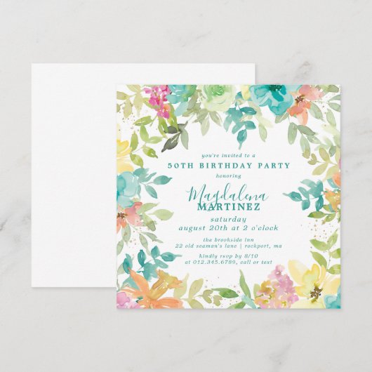 Zomer Waterverf Bloemenplein 50e Verjaardag Kaart (Voorkant / Achterkant)