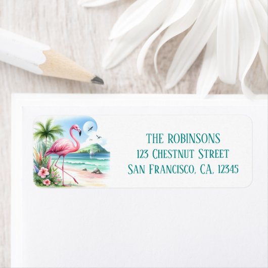 Zomer Waterverf Flamingo op het strand Etiket (Insitu)