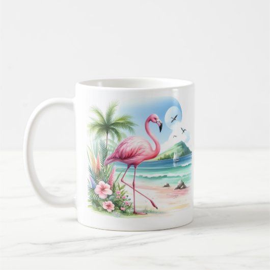 Zomer Waterverf Flamingo op het strand Koffiemok (Links)