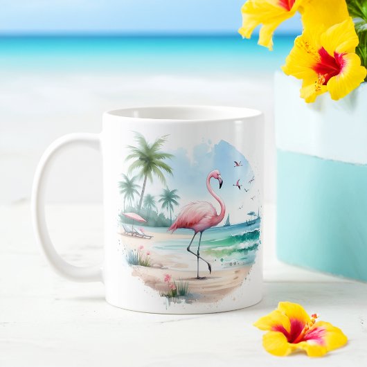 Zomer Waterverf Flamingo op het strand Koffiemok