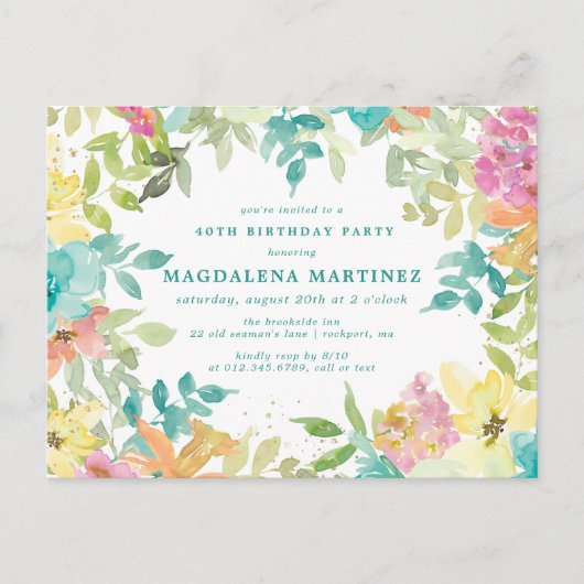 Zomer Waterverf Floral 40e Verjaardagsuitnodiging Briefkaart (Voorkant)