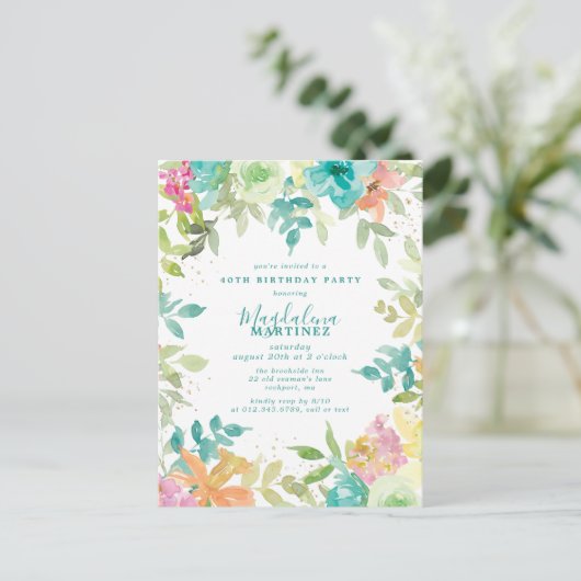 Zomer Waterverf Floral 40e Verjaardagsuitnodiging Briefkaart (Staand voorkant)
